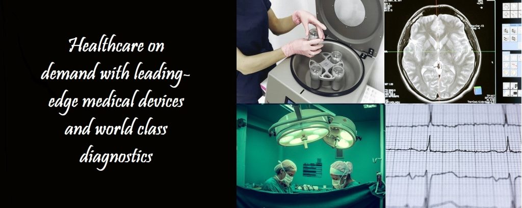 Front page banner with pictures of medical devices, Banner also has the caption, "Healthcare on demand with leading-edge medical devices and world class diagnostics".